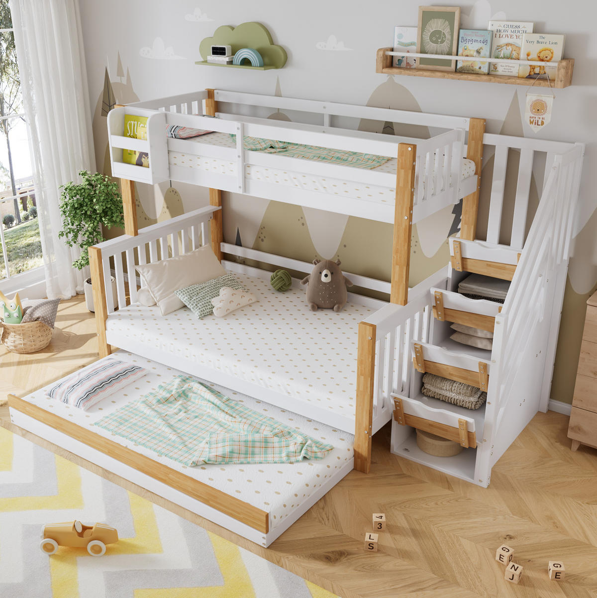 POSCHODOVÁ posteľ, 254/216,5/165 cm, masívne drevo a MDF biela/prírodná, s výsuvným lôžkom - biela, drevo (90/200cm) - BEAOK
