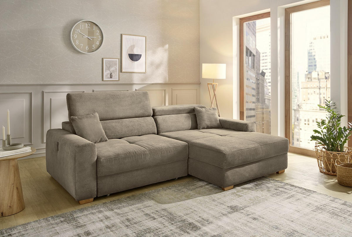 ECKSOFA mit elektrischer Sitztiefenverstellung, Kopflehnen verstellbar, USB-A und USB-C Ladefunktion B277/T187/H109 cm, Cord Braun Taupe / 15401 - Taupe/Eichefarben, Eichenholz/Textil (277/187cm) - luma-home