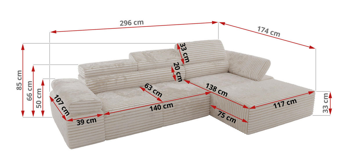 ECKSOFA RILASSO L Beige Cord - rechts - Beige/Schwarz, Kunststoff/Textil (174/296cm) - MKS
