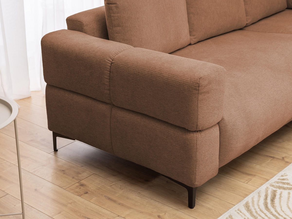ECKSOFA inkl. Hocker Cardea mit Schlaffunktion in Bubble-Optik aus weichem Terrakotta Strukturstoff und hohem Sitzkomfort - Ottomane rechts - Terracotta/Schwarz, Holz/Textil (230/170cm) - S-Style Möbel