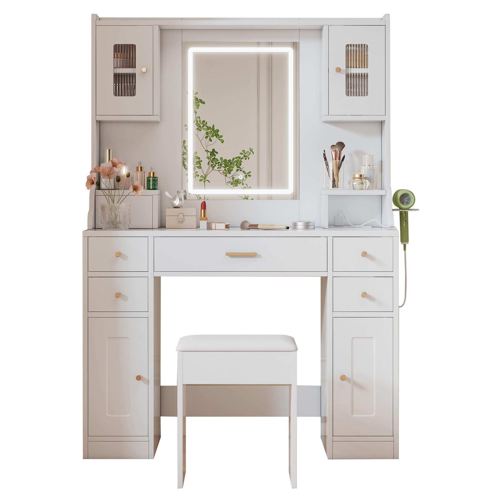 SCHMINKTISCH 105/40/152 cm Weiß aus Spanplatte mit LED-Spiegel - Weiß, Holzwerkstoff (40/152/105cm) - OKWISH