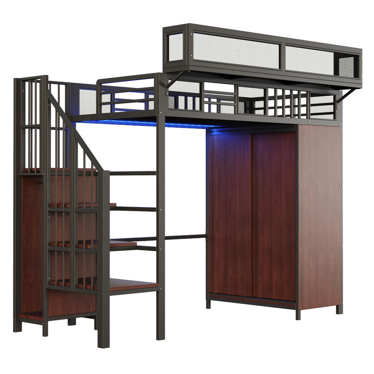 HOCHBETT 90/200 cm Schwarz aus Metall, Sperrholz und MDF mit Kleiderschrank und LED-Beleuchtung - Schwarz, Metall (90/200cm) - OKMYHOME
