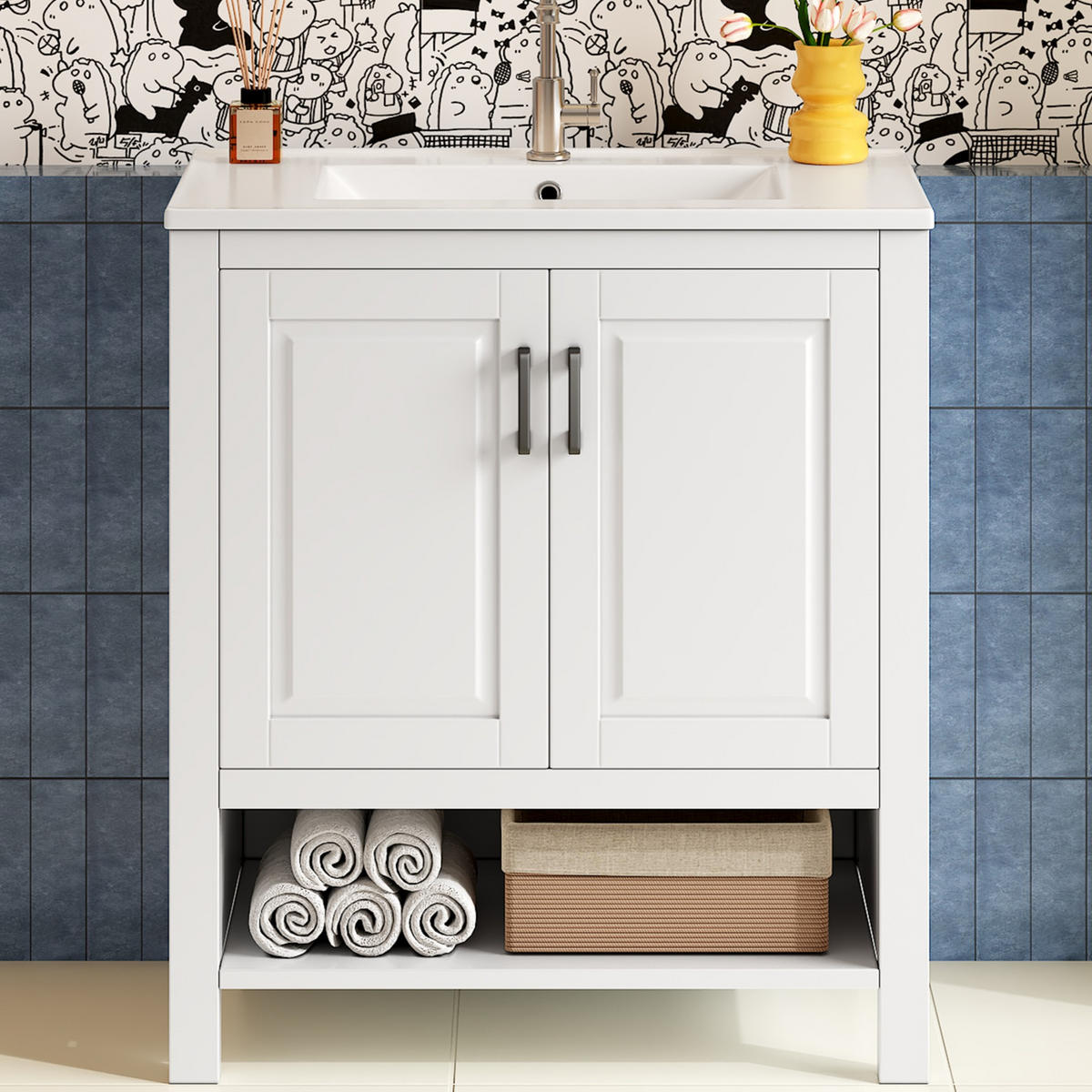 WASCHTISCHKOMBI 76.5/47/83 cm Weiß mit offene Regale, ohne Wasserhahn - Schwarz/Weiß, Holz/Holzwerkstoff (47/83/76.5cm) - Oxeza