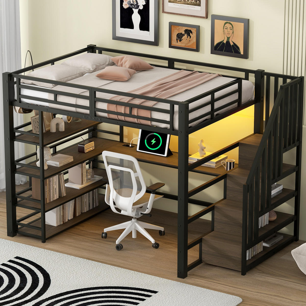 HOCHBETT 140/200 cm aus Metall und MDF mit Schreibtisch, Treppe, LED-Licht und Stauraum Schwarz - Schwarz, Holzwerkstoff (140/200cm) - Modenvie