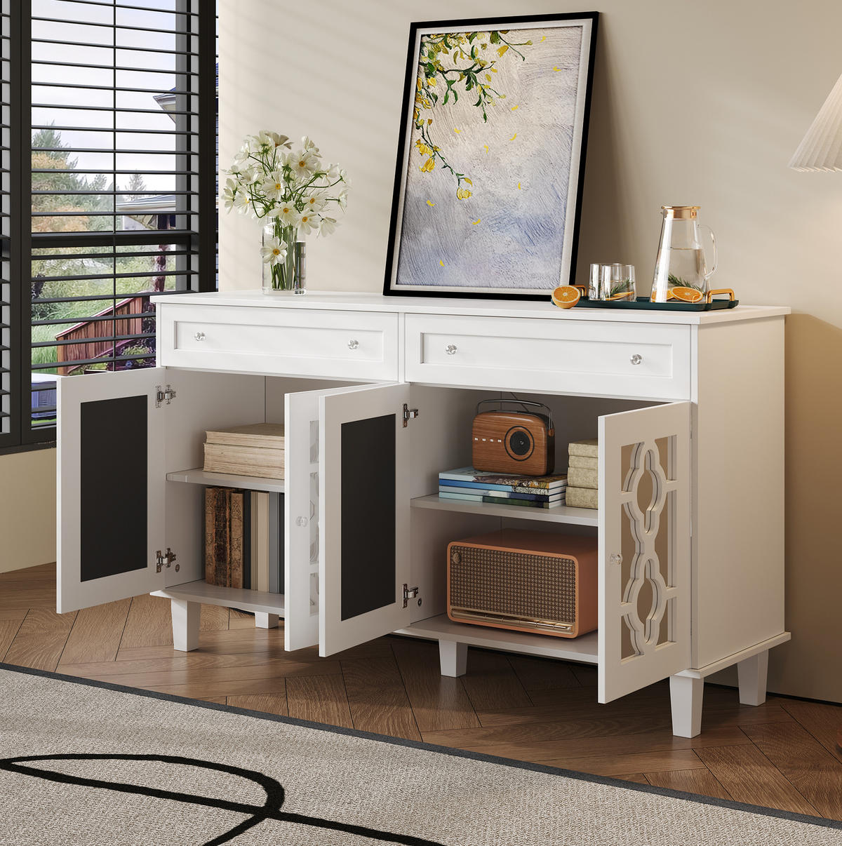 SIDEBOARD aus MDF 140x40x83 cm Weiß mit 4 Spiegeltüren, 2 Schubladen und verstellbaren Einlegeböden - Weiß, Holzwerkstoff (140/83/40cm) - IVMEU