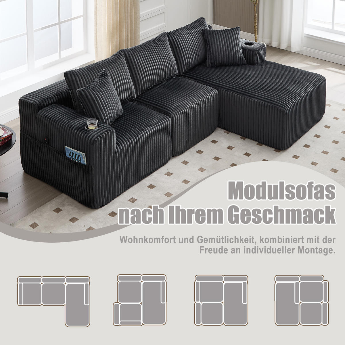 MODULARES Sofa Cord Chaiselongue und 2-Sitzer mit Kissen Taschen und Getränkehaltern 257/90 160/62 cm Grau - Grau, Textil (160/257cm) - Redom