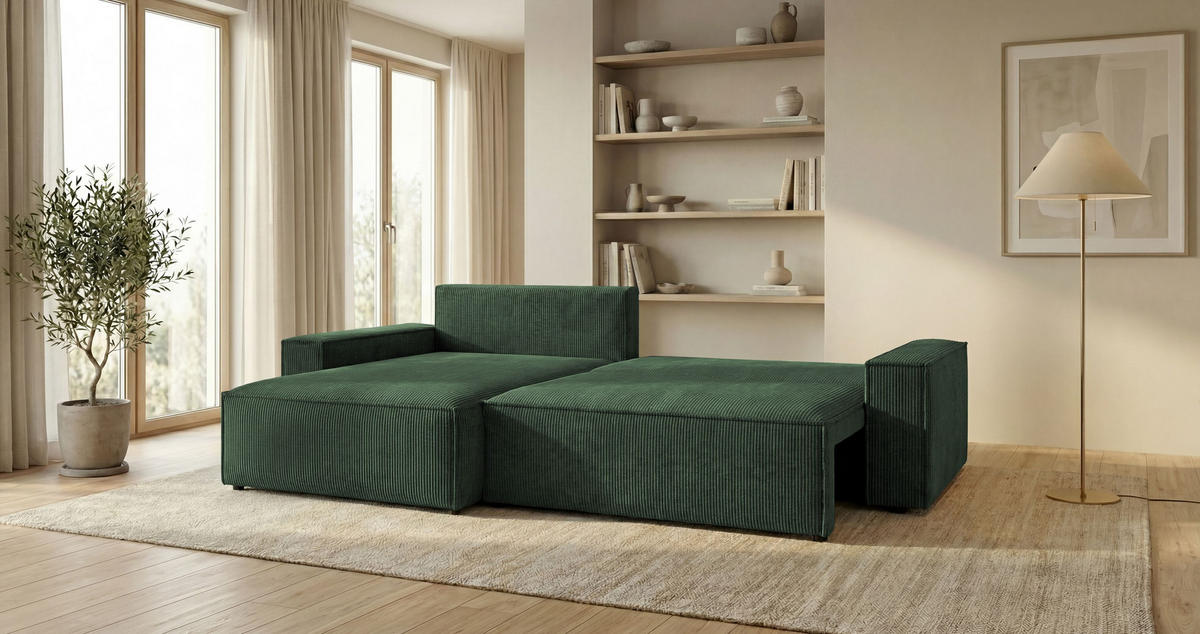 ECKSOFA VIENNA links grün Cord Poso 14 - Schlaffunktion, Bettkasten - Grün, Textil (285/185cm) - Cornero