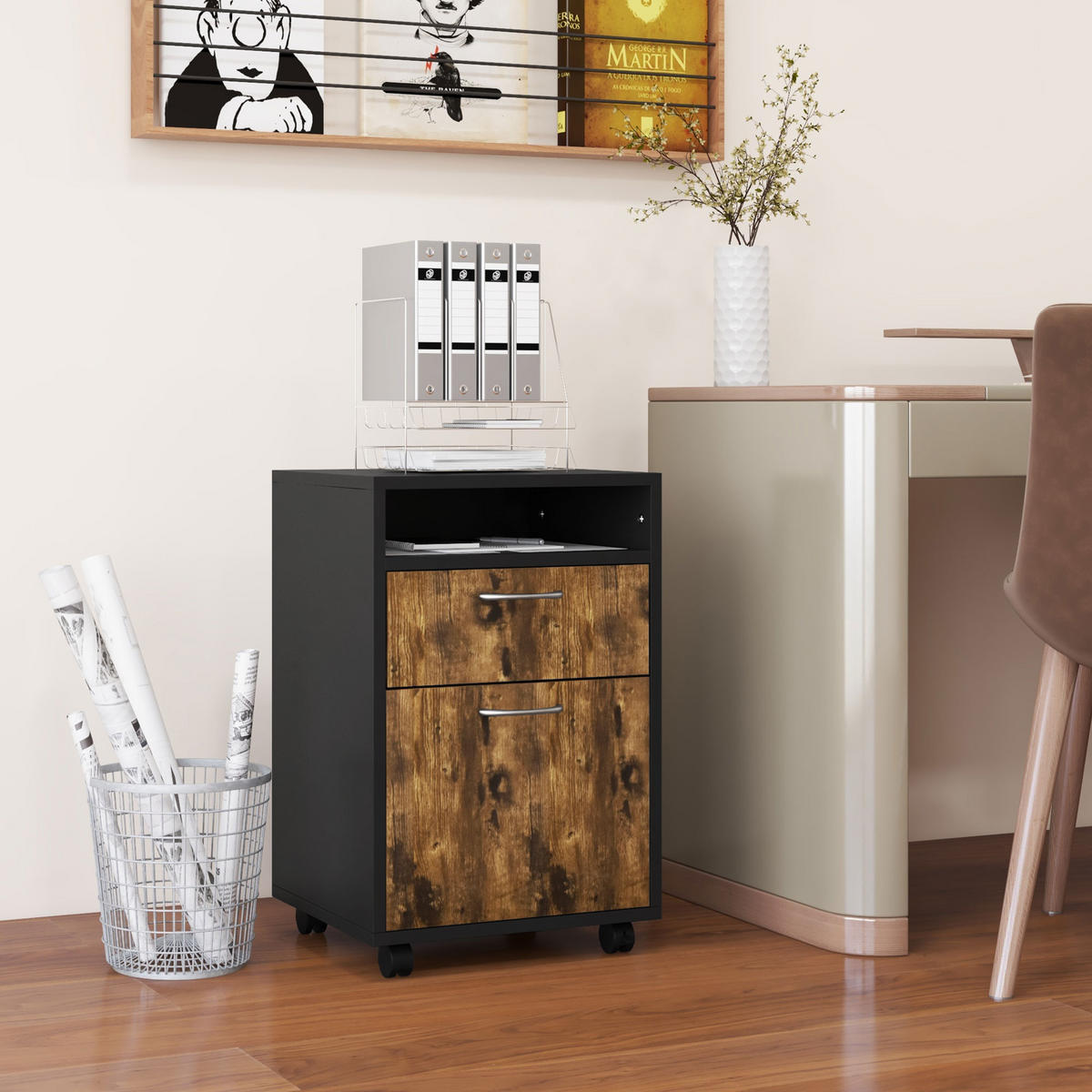 ROLLCONTAINER DE-14470 mit Schublade, Schrank und Nische Rostbraun - Braun, Holzwerkstoff (35/60/40cm) - ComfortXL