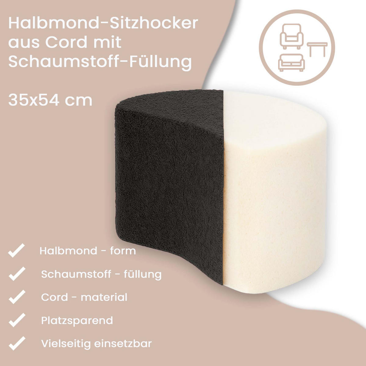 SITZSACK Halbmond 54/36/35 cm, weicher Bouclé 315 g/m², Dunkelgrau - Dunkelgrau, Textil (36/35/54cm) - Dreamroots