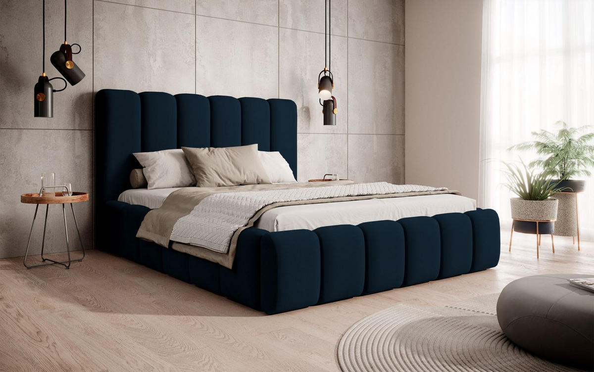 POLSTERBETT Biscottino Dunkelblau mit Samtbezug 140x200 cm - Silberfarben/Dunkelblau, Textil (140/200cm) - Selsey