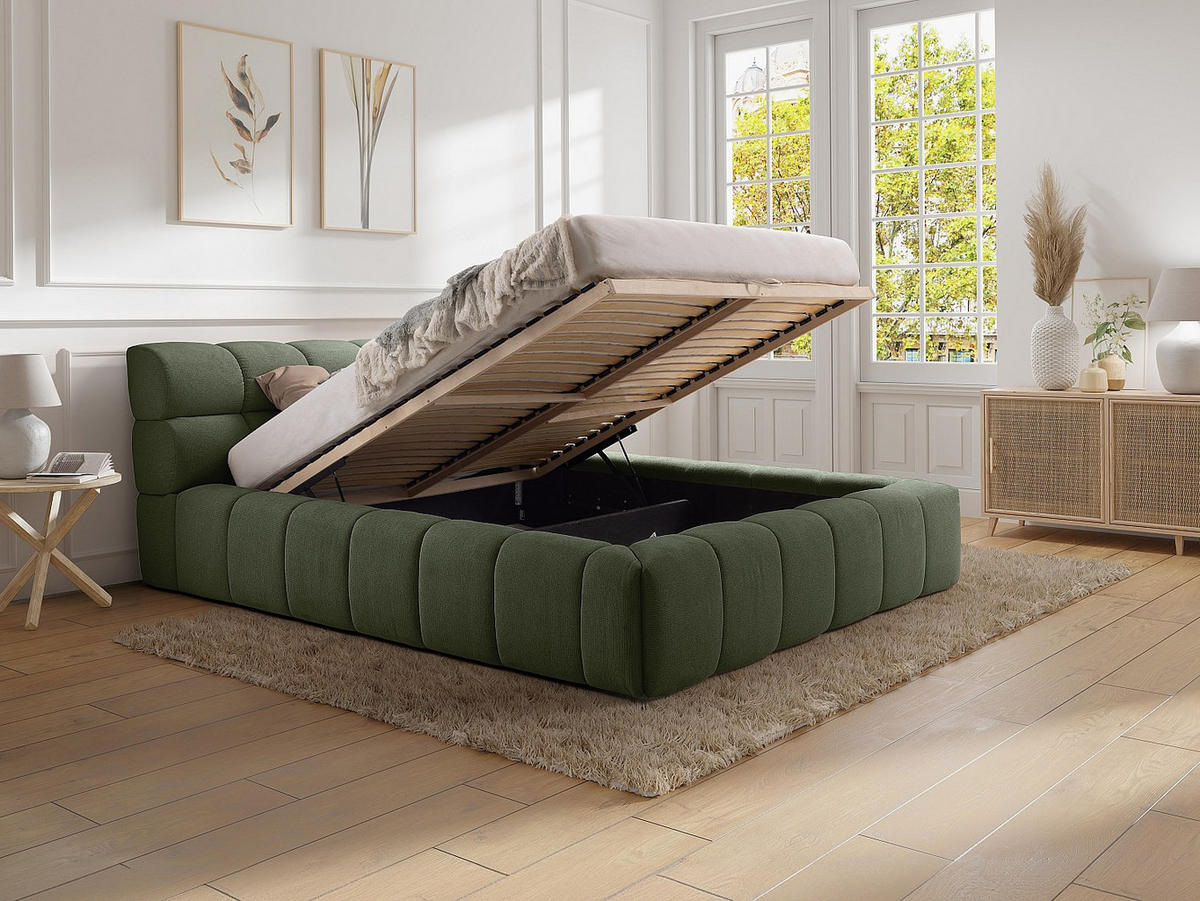 BETT mit Bettkasten - 2 Personen - Stoff - Grün - - Grün, Textil (160/200cm) - Vente-Unique