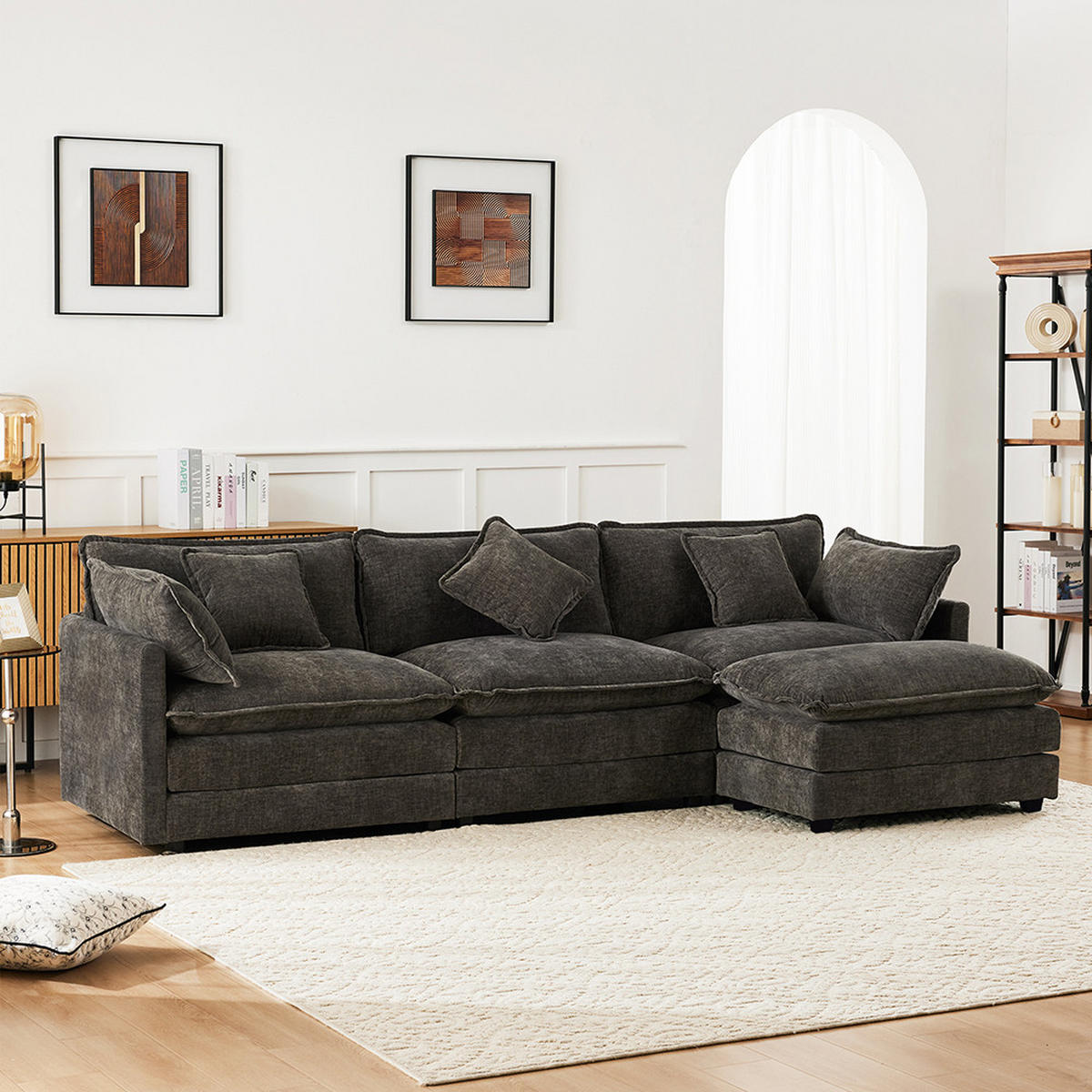 ECKSOFA in Dunkelgrau Chenille-Stoff mit Fußstütze - Dunkelgrau, Kunststoff/Textil (147/283cm) - KOMHTOM
