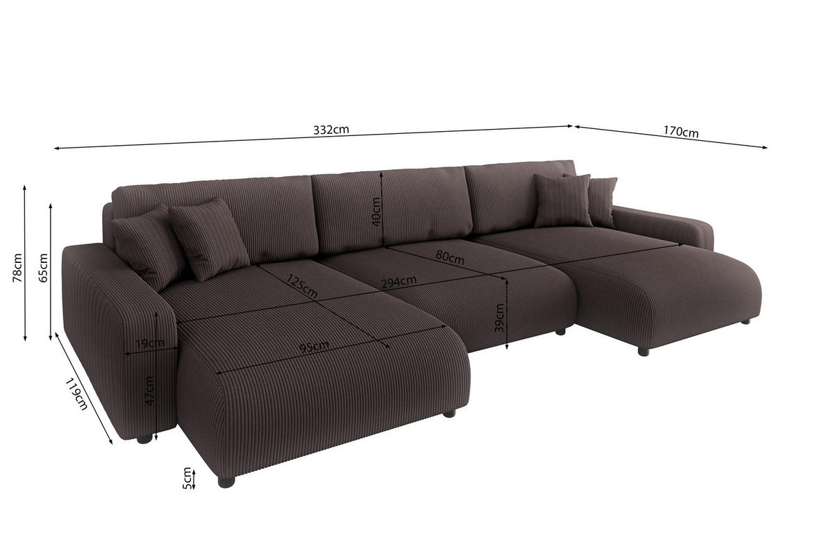 WOHNLANDSCHAFT Emma Dunkelbraun Cord - Dunkelbraun/Schwarz, Holz/Kunststoff (332/170cm) - S-Style Möbel