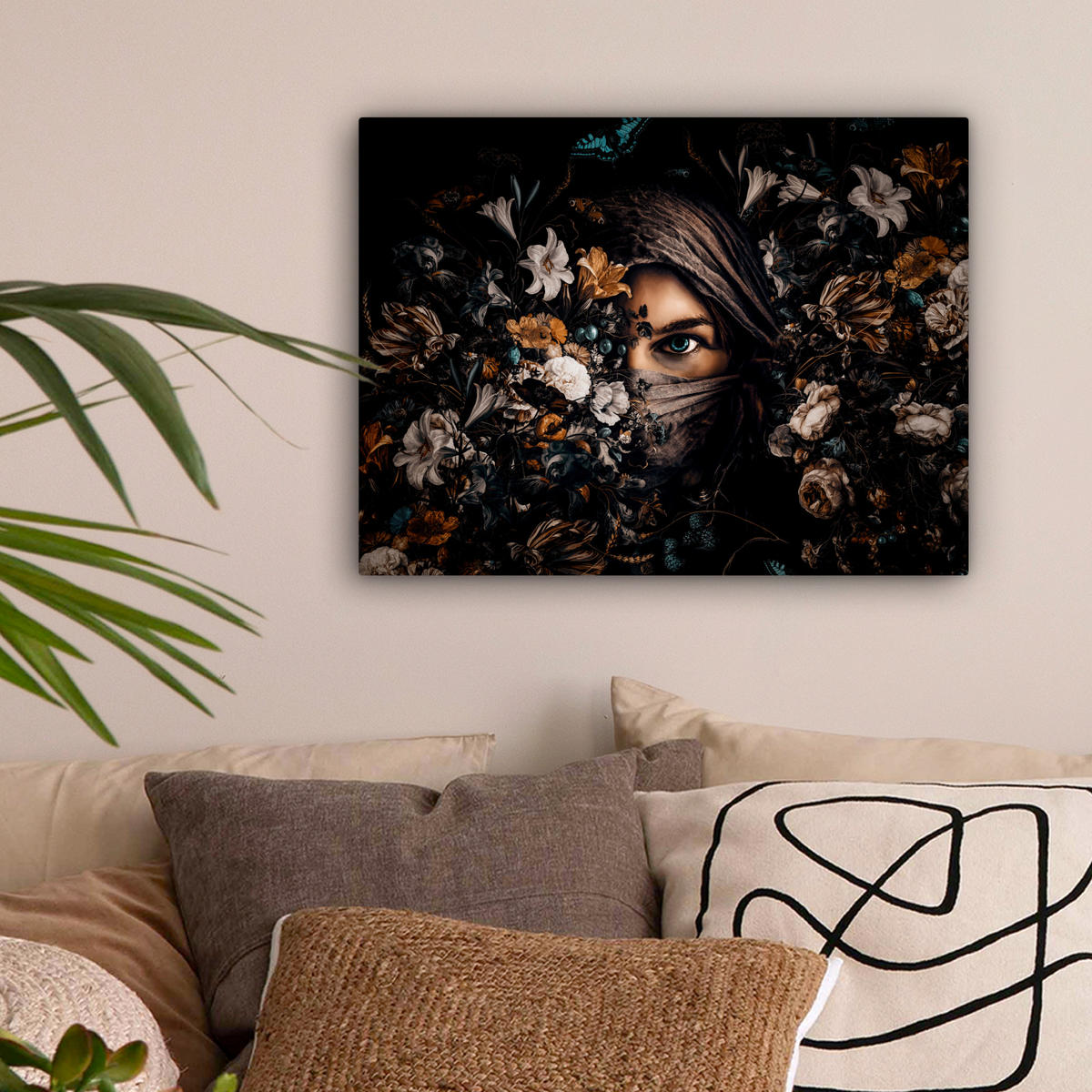 LEINWANDBILD Frau - Luxus - Blumen - Schmetterling - Porträt Wandbild 40x30 cm - Schwarz, Textil (40/30cm) - MuchoWow