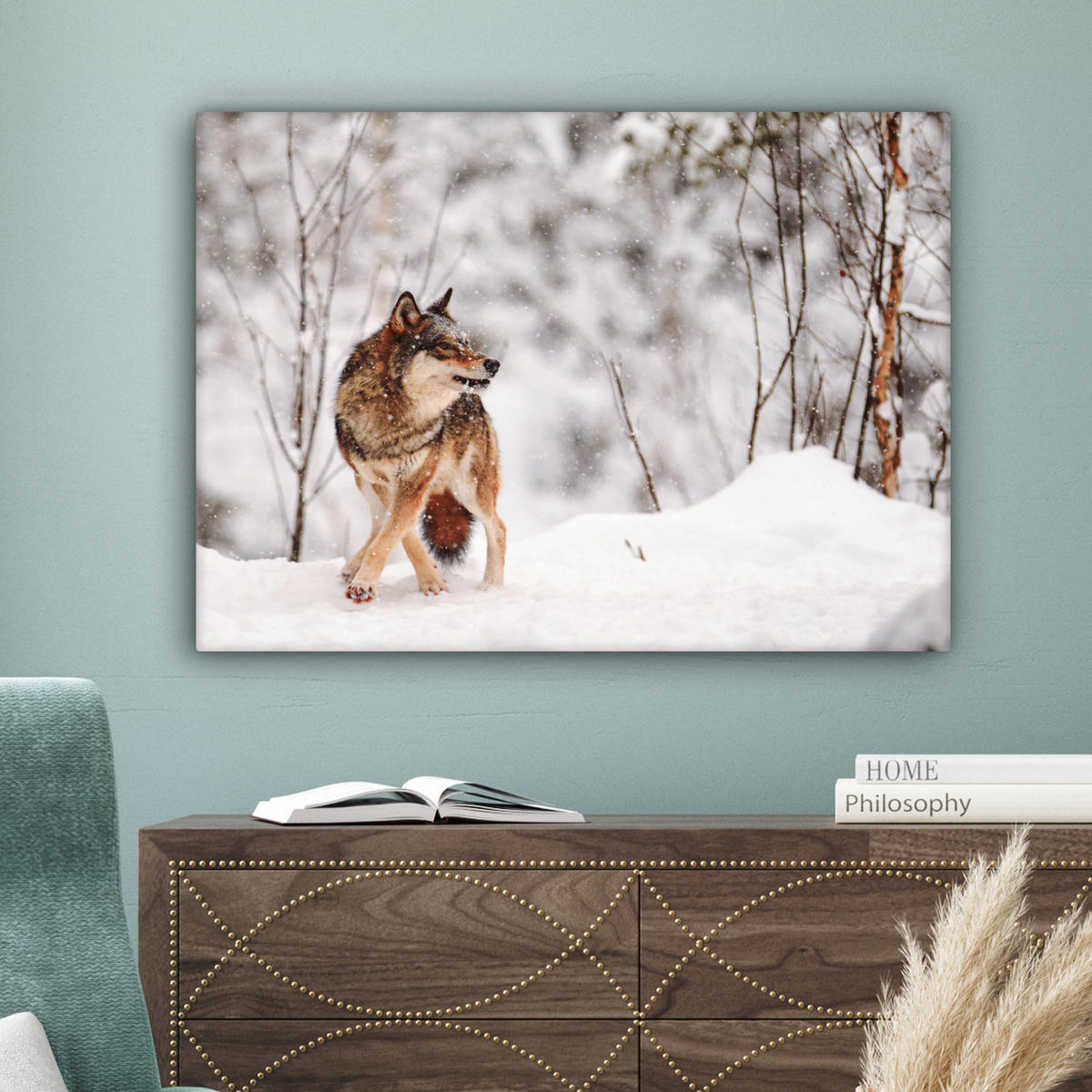 LEINWANDBILD Wolf - Winter - Schnee - Natur - Tiere Wandbilder 80x60 cm - Haselnussfarben, Textil (80/60cm) - MuchoWow