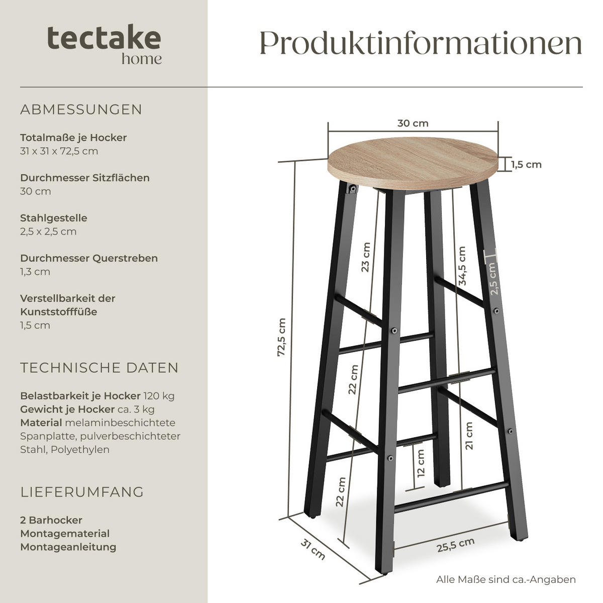 BARHOCKER 2er Set Keynes,Sitzhöhe 72,5 cm,Industrial Holz hell - Naturfarben, Holzwerkstoff (31/72.5/31cm) - tectake