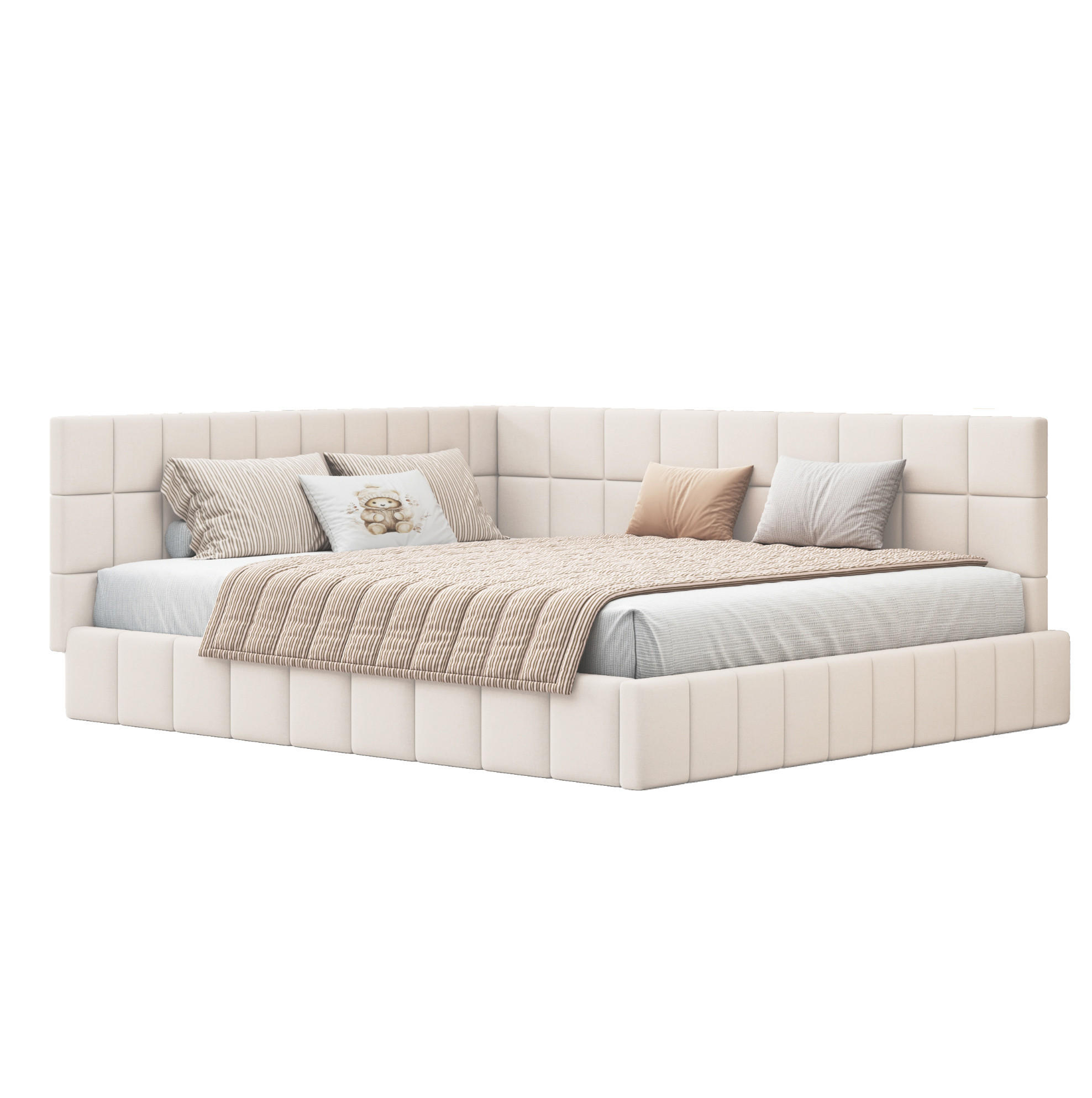 OKWISH ČALOUNĚNÁ postel 160/200 cm béžová z látky s lamelovým roštem a funkcí pohovky