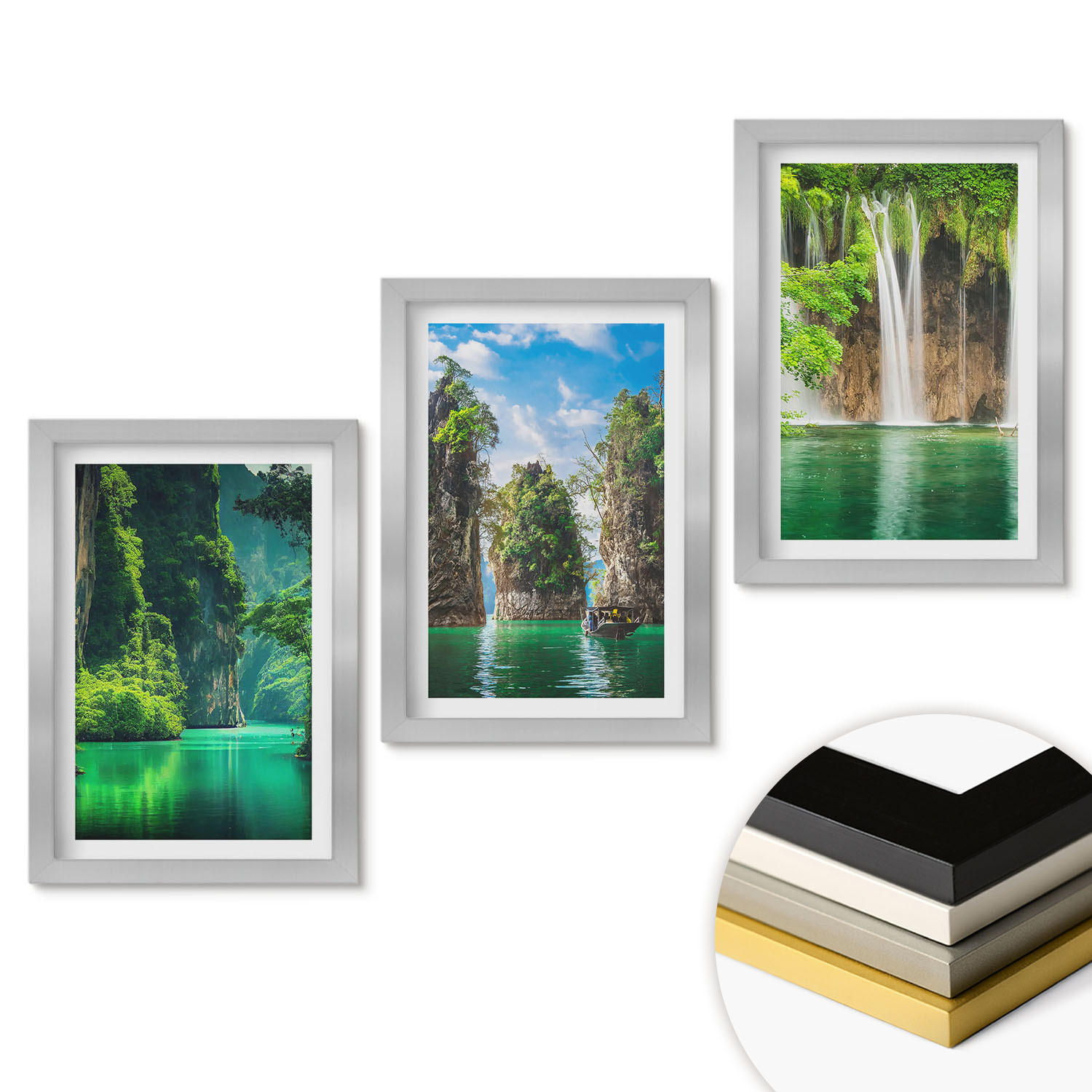 WANDBILDER 3er Set - 20x30 cm Silberner Rahmen - Grüne Landschaften, Wasserfälle - Silberfarben, Kunststoff (20/30cm) - ArtPrintCave