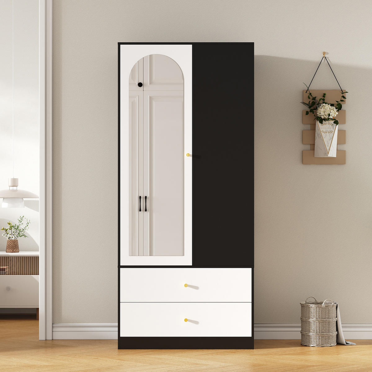 KLEIDERSCHRANK mit Spiegel Weiß Schwarz 80x40x180cm - Multicolor, Holzwerkstoff (40/180/80cm) - FLIEKS