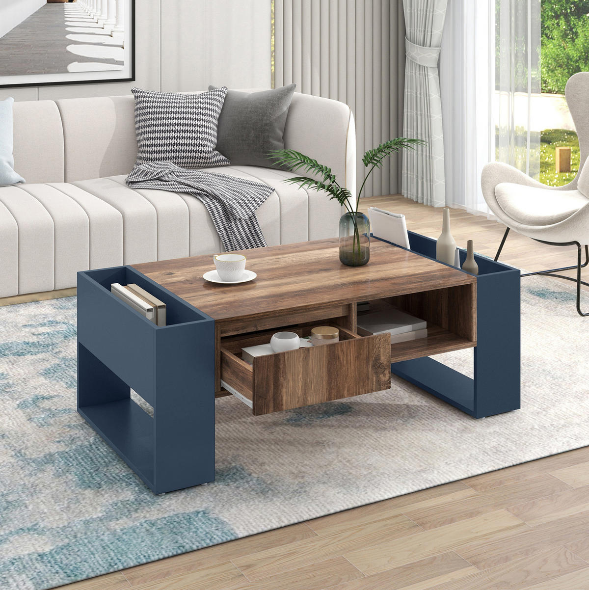 COUCHTISCH aus melaminbeschichteter Spanplatte 111x60x40 cm Holzoptik Grauschwarz mit Stauraum - Grau, Holzwerkstoff (111/60/40cm) - IVMEU