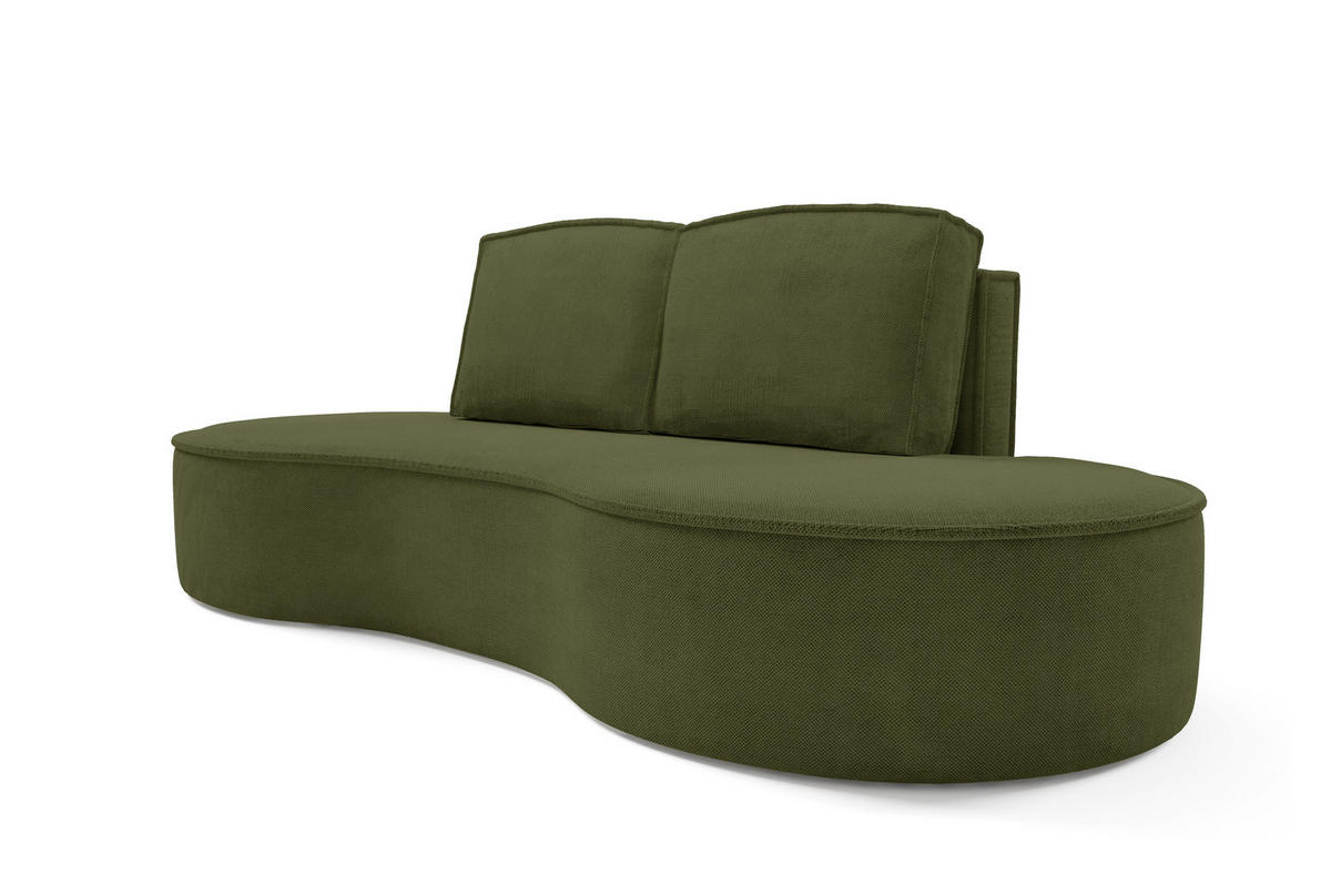 SOFA Molly – Freistehendes halbrundes Designsofa mit zwei eleganten, abnehmbaren RückenKissen, Curio Stoff, Größe: 234x101x88 cm, Grün - Waldgrün, Holz/Textil (234/88/101cm) - DomoHome