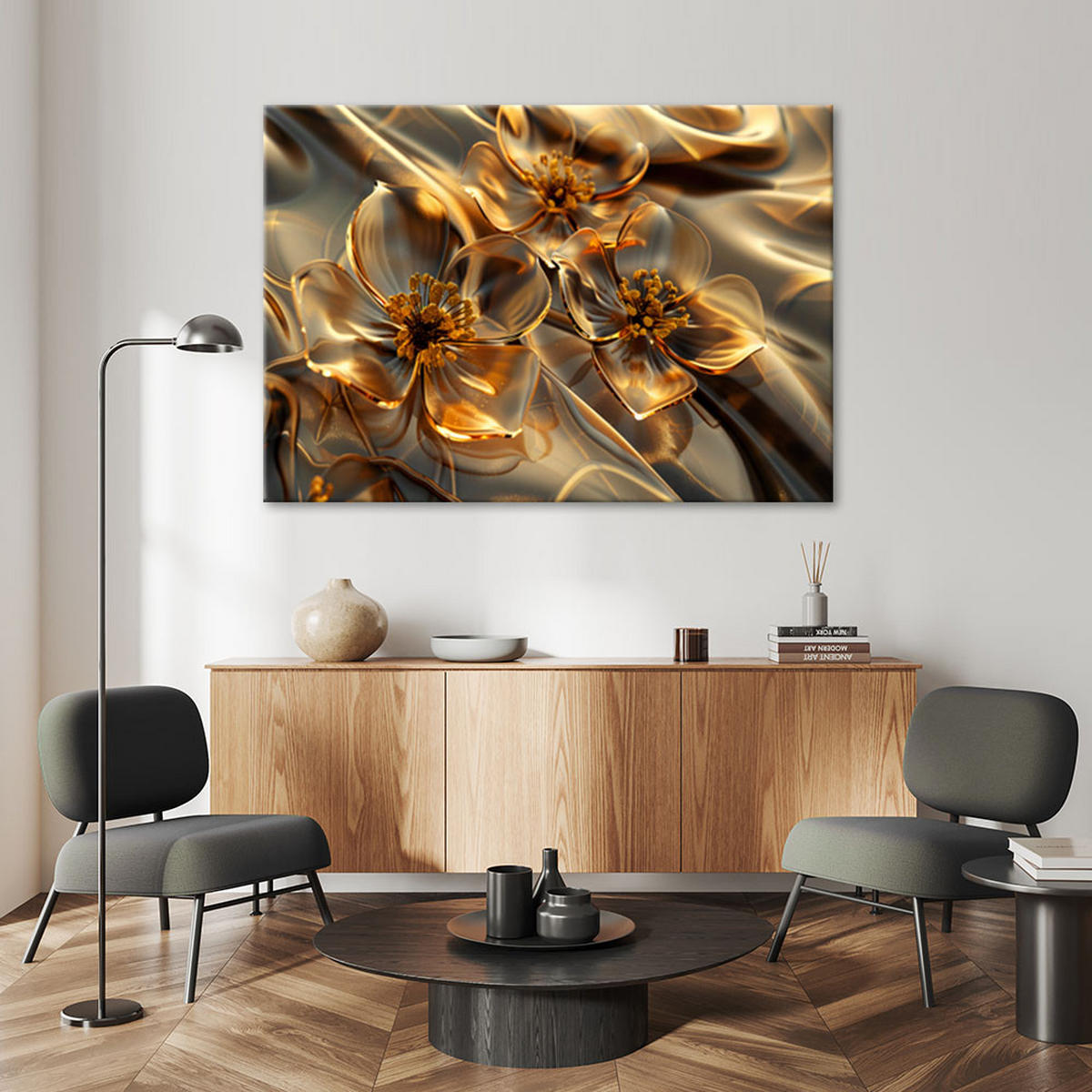 LEINWANDBILD Transparente Glasblumen in Gold - Goldfarben, Textil (90/60cm) - Feeby