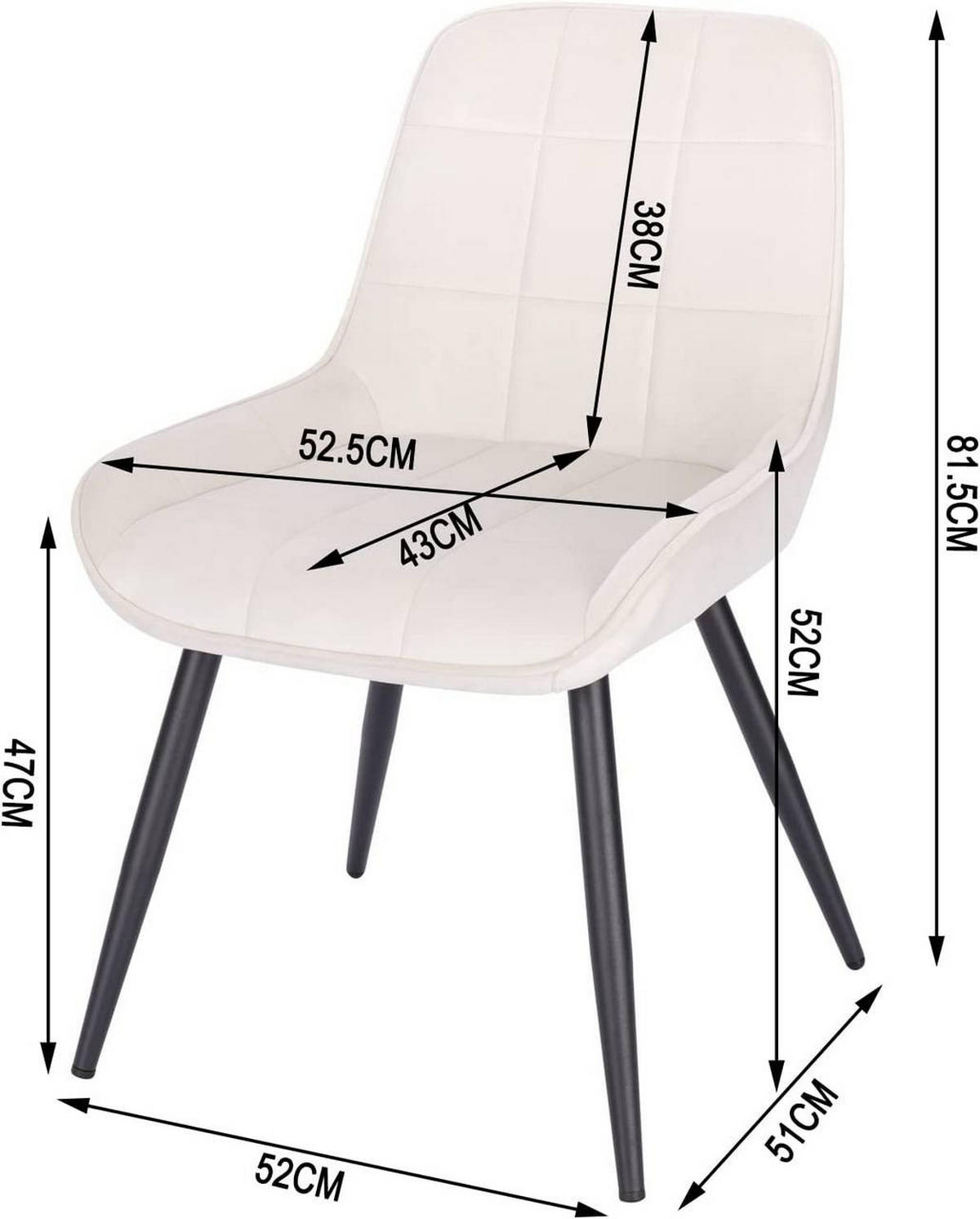 ESSZIMMERSTUHL 2er-Set, Polsterstuhl, Samt, Cremeweiß - Creme/Schwarz, Textil/Metall (52.5/81.5/62cm) - Woltu