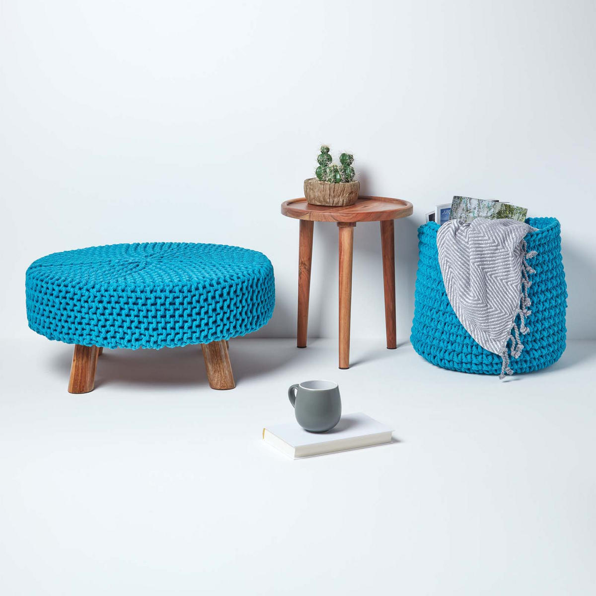STRICK-HOCKER türkis, rund 62/62/30 cm - Türkis, Textil (62/30/62cm) - Homescapes