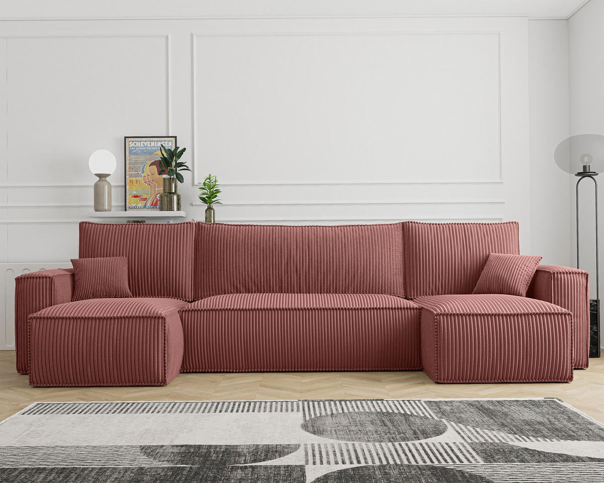 WOHNLANDSCHAFT Scarlo Dunkelrosa Cordbezug - Dunkelrosa/Schwarz, Kunststoff/Textil (244/83/145cm) - Selsey