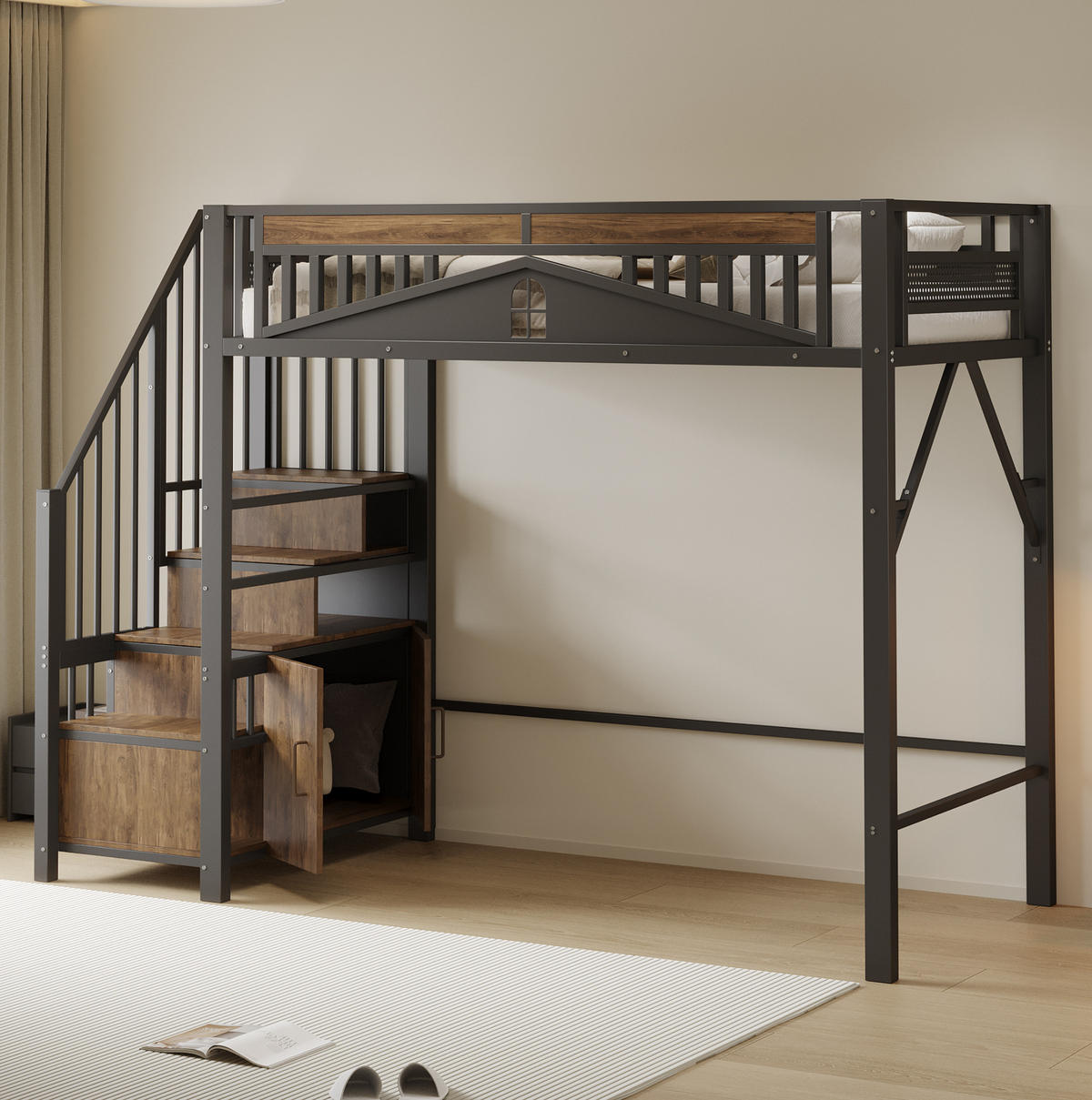 HOCHBETT 90/200 cm aus Metall/Holz mit Stauraumtreppe und Fensterzaun Schwarz - Schwarz, Metall (90/200cm) - Modenvie