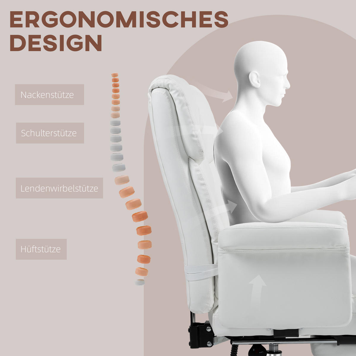 BÜROSTUHL, Ergonomisch Schreibtischstuhl mit Liegefunktion, Lendenkissen, Weiß - Chromfarben/Weiß, Kunststoff/Metall (65/115/69cm) - HOMCOM