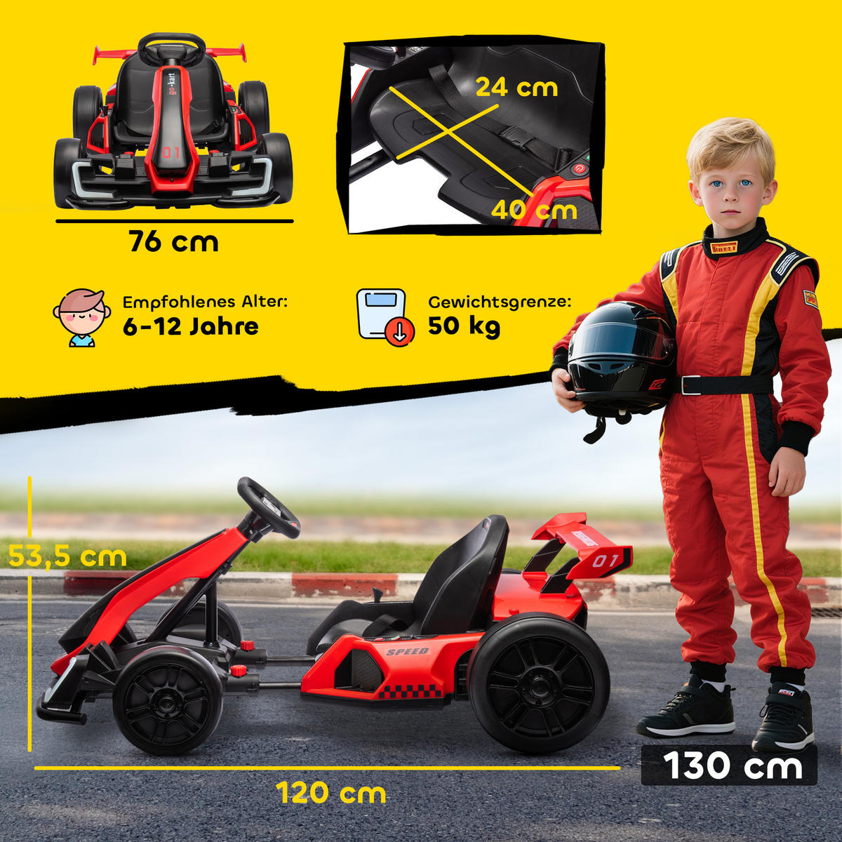 GO-KART DE-06216 Elektro-Kart mit Hupe und Musik Rot - Rot/Schwarz, Kunststoff/Metall (120/76/53.5cm) - ComfortXL