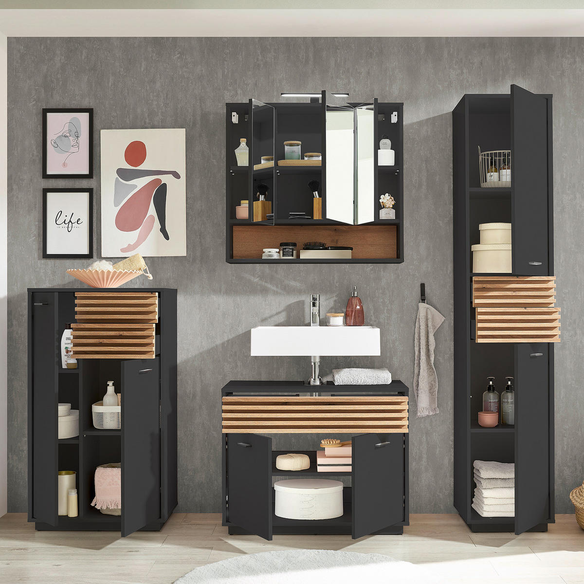 BELEUCHTETER SPIEGELSCHRANK - Anthrazit, Holzwerkstoff (80/72/21cm) - home24