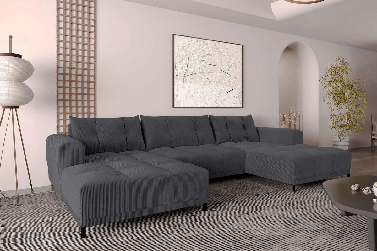 WOHNLANDSCHAFT Massimo Cordstoff Graphitfarben inkl. Schlaffunktion - Graphitfarben/Schwarz, Textil/Metall (356/94/181cm) - 99rooms