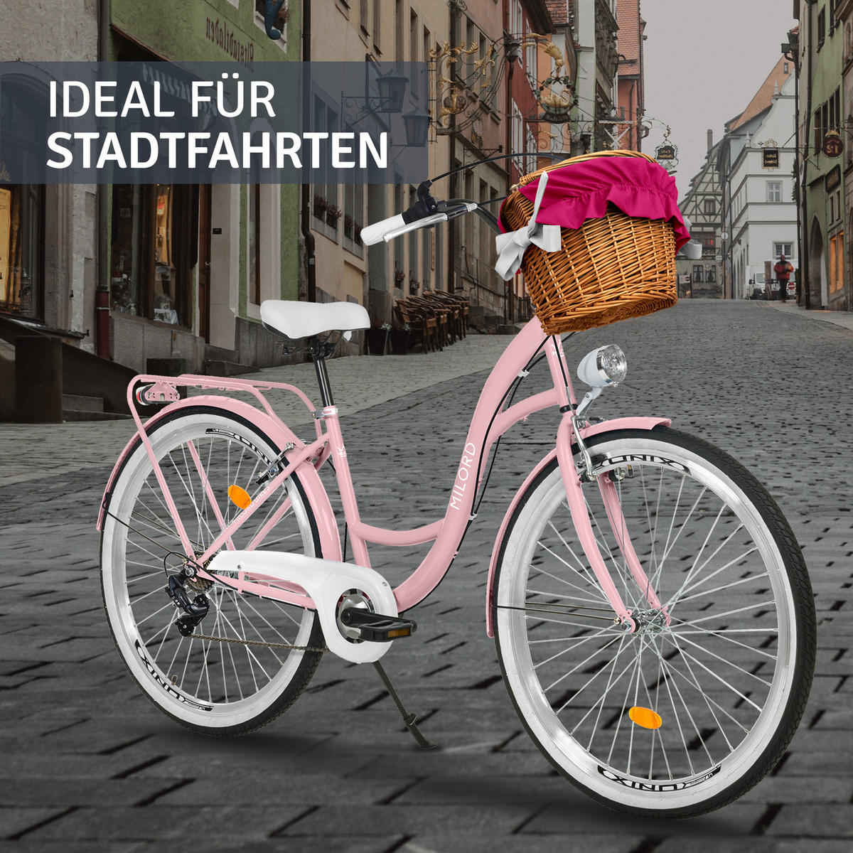 CITY-FAHRRAD Milord mit Weidenkorb, 28 Zoll, Rosa, 7-Gang - Pink, Metall (46cm) - Milordbikes