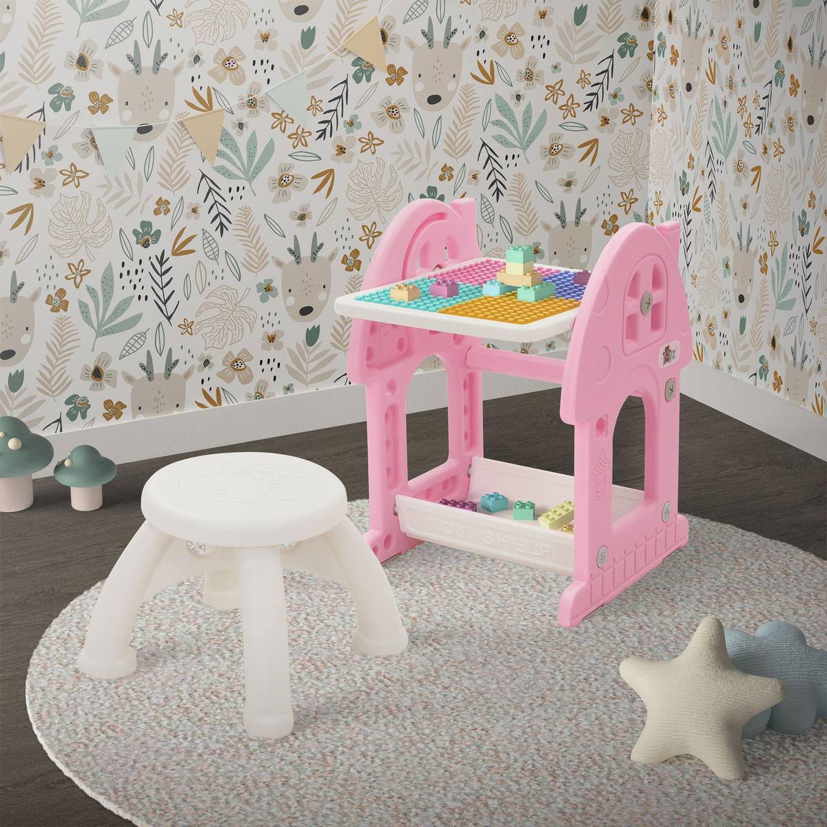 KINDERSPIELTISCH 2in1 mit Hocker Rosa-Weiß - Pink, Kunststoff (39/71/37.5cm) - Joyz