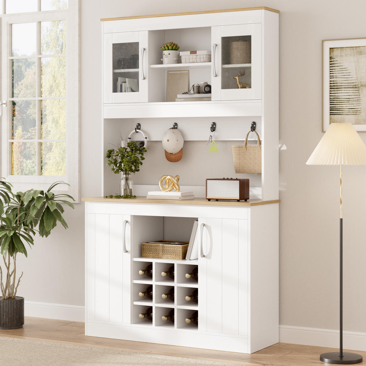KÜCHENBUFFET 106x39x175 cm, Glastüren, Weinregal, Hakenleiste, Natur/Weiß - Naturfarben, Holzwerkstoff (106/175/39cm) - FOHERE
