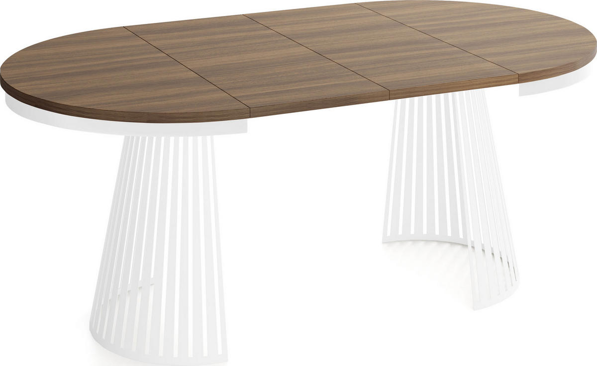 ESSTISCH Naro rund ausziehbar mit Weißem Lamellen-Metallgestell, Walnuss Braun 100-180/100/76 cm - Walnussfarben/Weiß, Holzwerkstoff/Metall (100/100/76cm) - WFL GROUP