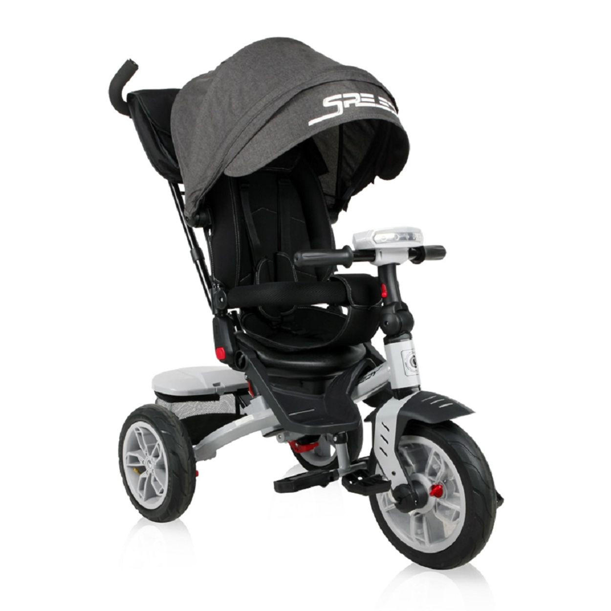 DREIRAD Speedy Luftreifen schwarz grau Luftreifen, drehbarer Sitz, Musik, Licht, Schubstange - Grau, Metall (109/52/102cm) - Lorelli