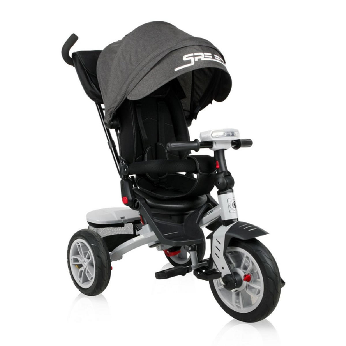 DREIRAD Speedy Luftreifen schwarz grau Luftreifen, drehbarer Sitz, Musik, Licht, Schubstange - Grau, Metall (109/52/102cm) - Lorelli