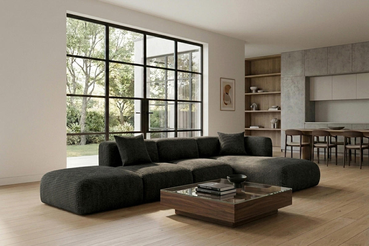 ECKSOFA L-Form mit Hocker, Chenille-Stoff Cremona, Anthrazit, Rechts, GRETA - Anthrazit, Holz (386/179cm) - Kaiser Möbel