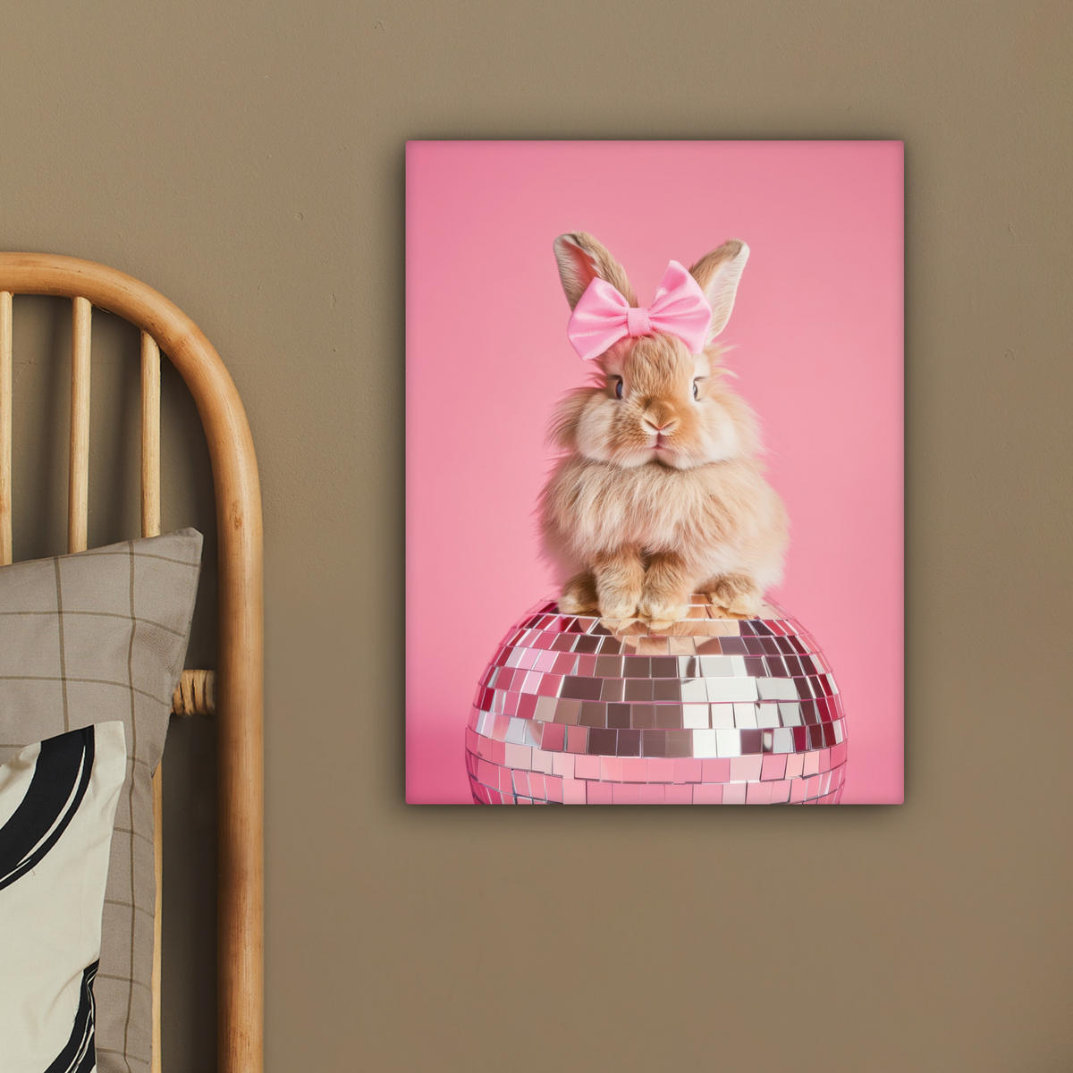 LEINWANDBILD Schleife - Discoball - Kaninchen Room Decor 30x40 cm - Pink, Textil (30/40cm) - MuchoWow