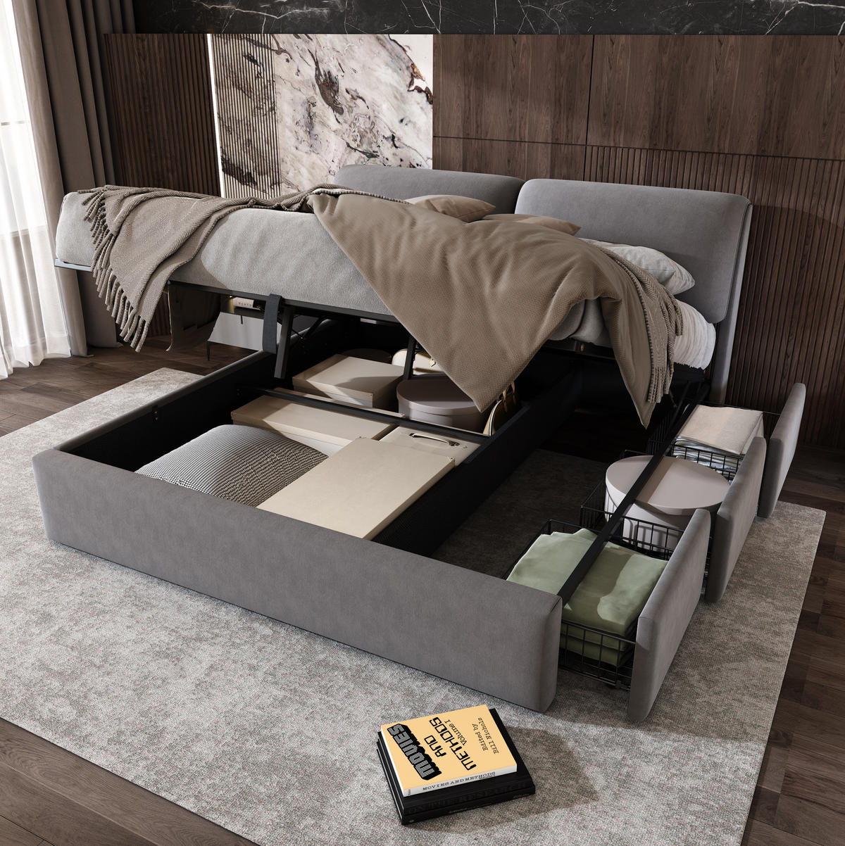 BETT mit Bettkasten und 3 Schubladen 180x200 cm Samt Grau - Grau, Metall (180/200cm) - Meubliv