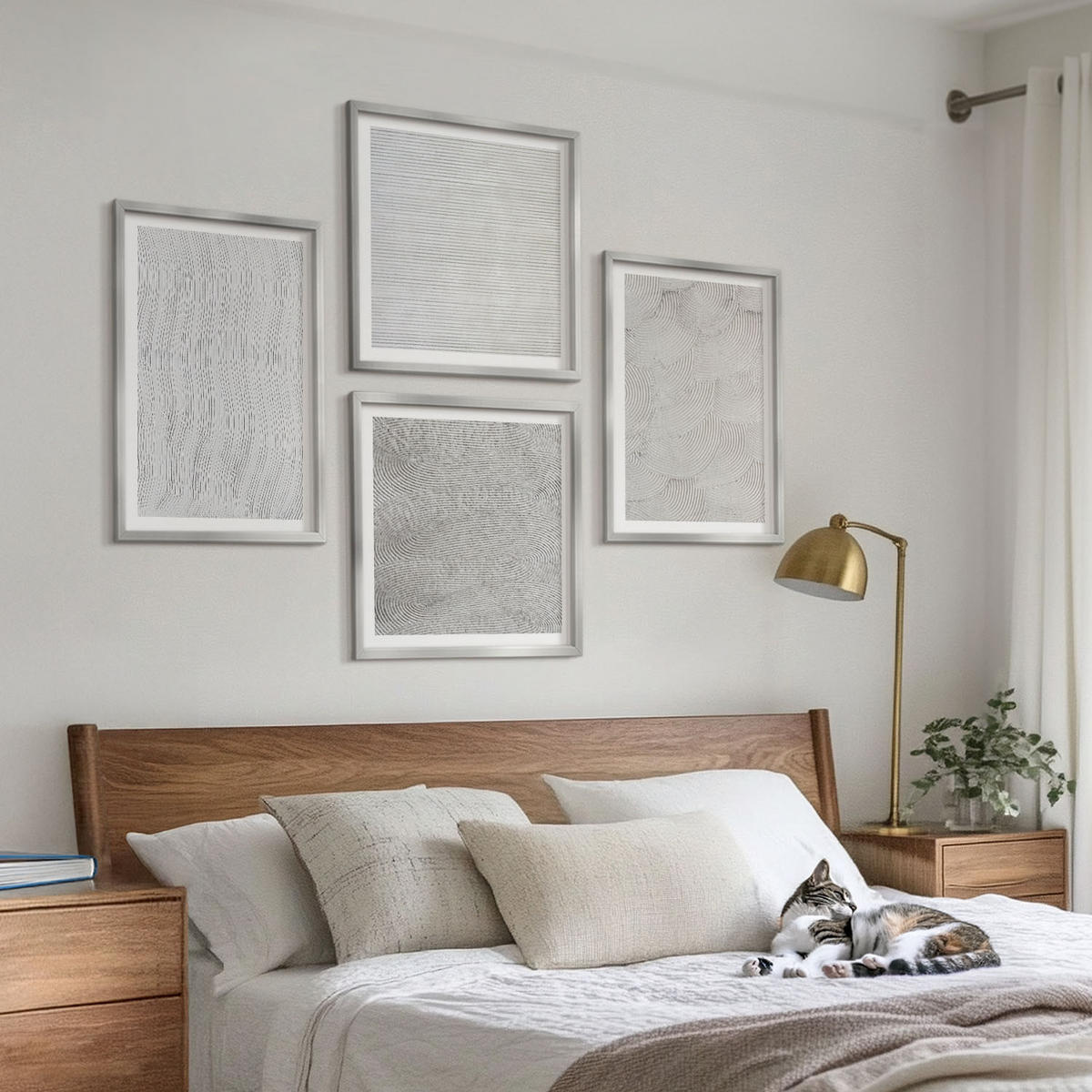 WANDBILDER 4er Set - 50x50 cm & 40x60 cm Silberner Rahmen - Sandmuster geometrische Strukturen - Silberfarben, Kunststoff (50/50cm) - ArtPrintCave