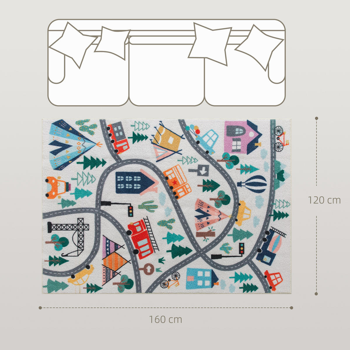 TEPPICH Anti-Rutsch Küchenteppich Kurzflor mit Fleece-Optik, Autobahn-Muster - Multicolor, Textil (120/160cm) - HOMCOM