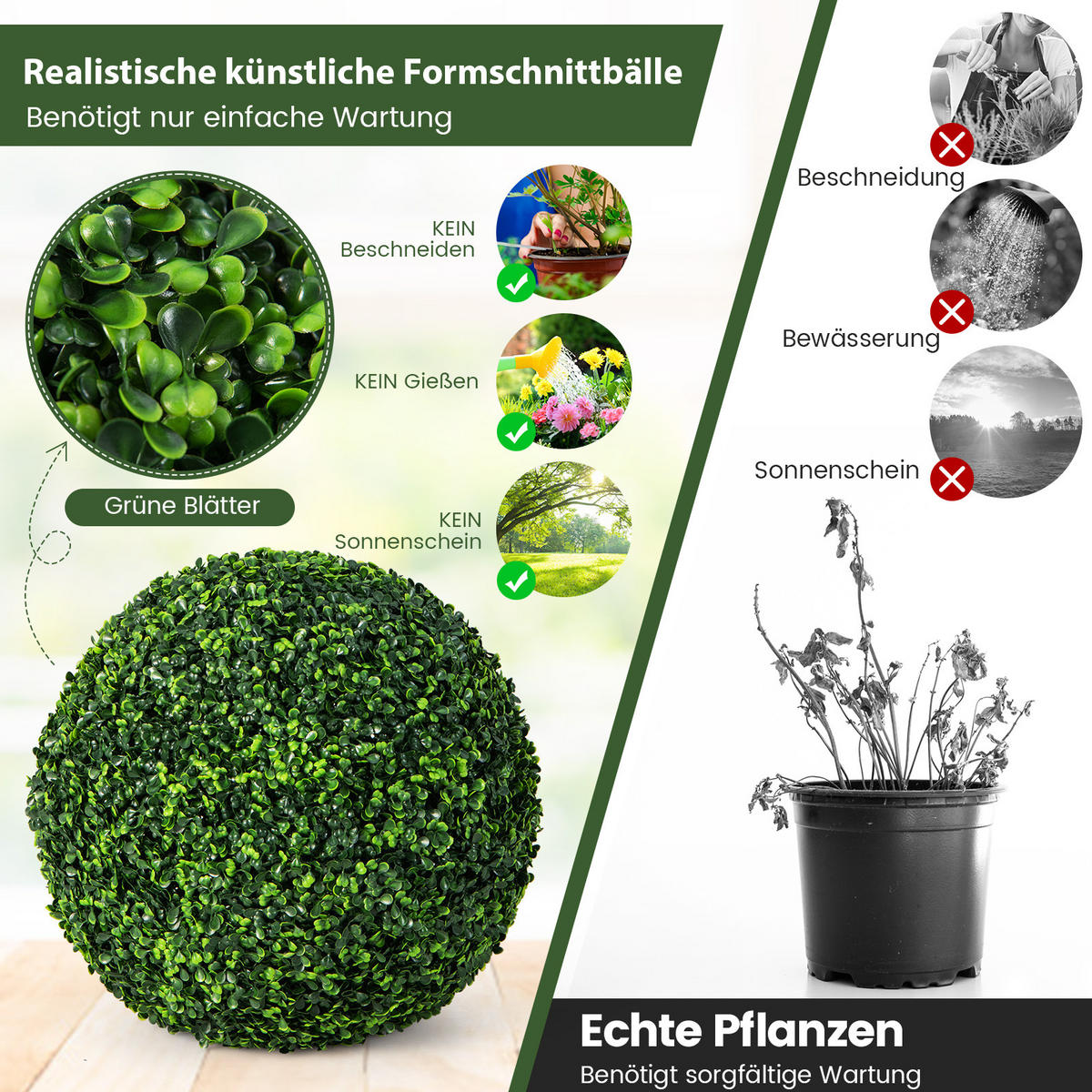 BUCHSBAUMKUGEL UV-beständig Grün(2er-Set) - Grün, Kunststoff (48cm) - COSTWAY