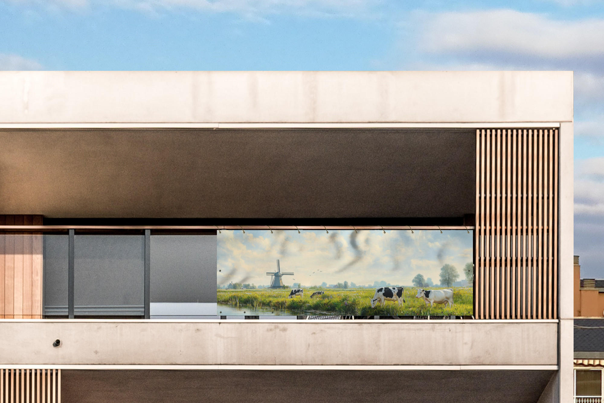 BALKON-SICHTSCHUTZ Kühe - Windmühle - Wiese - Blau - Grün, Kunststoff (300/95cm) - MuchoWow