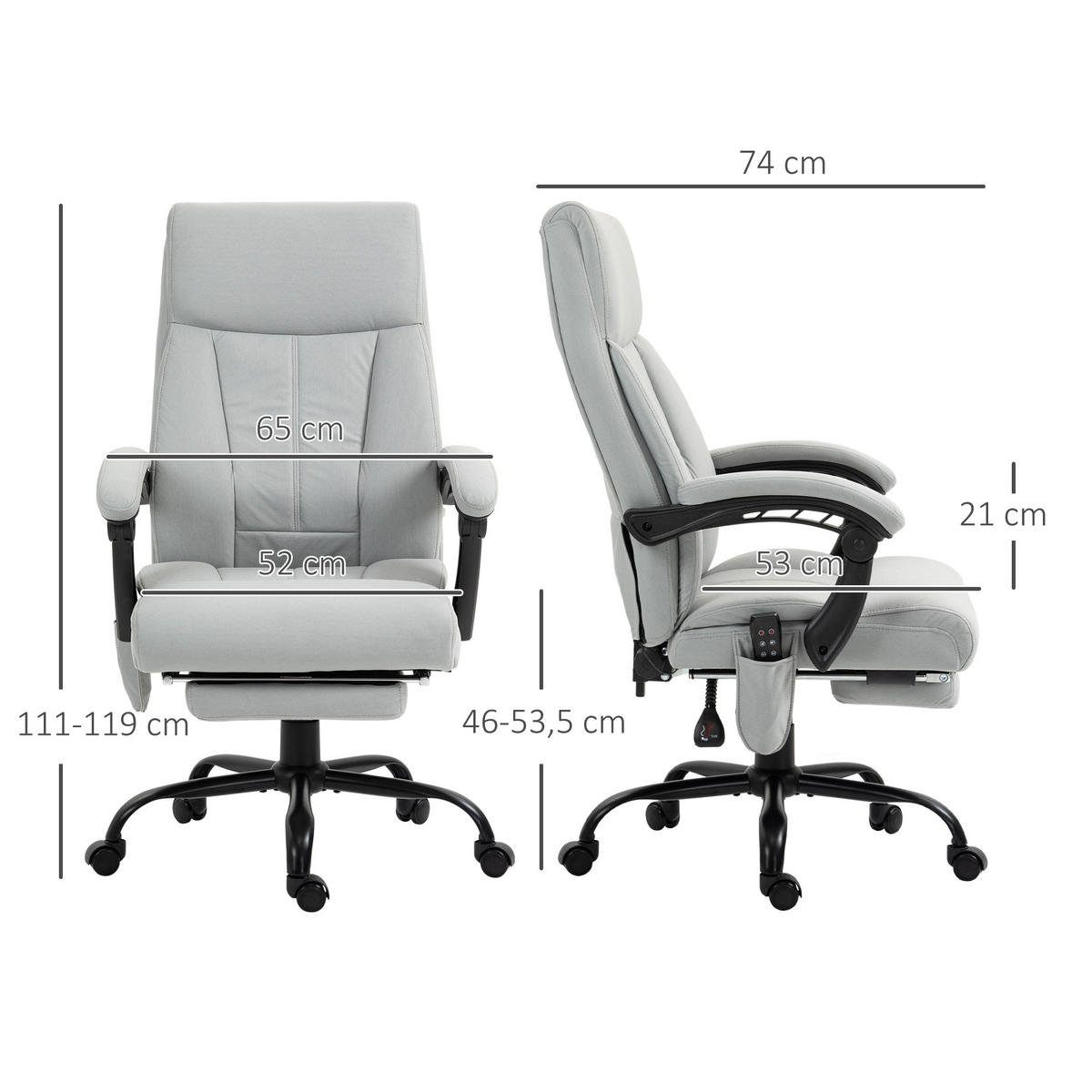 BÜROSTUHL mit Vibrationsmassage, Ergonomisch Schreibtischstuhl mit Liegefunktion - Hellgrau, Kunststoff (74/119/65cm) - Vinsetto