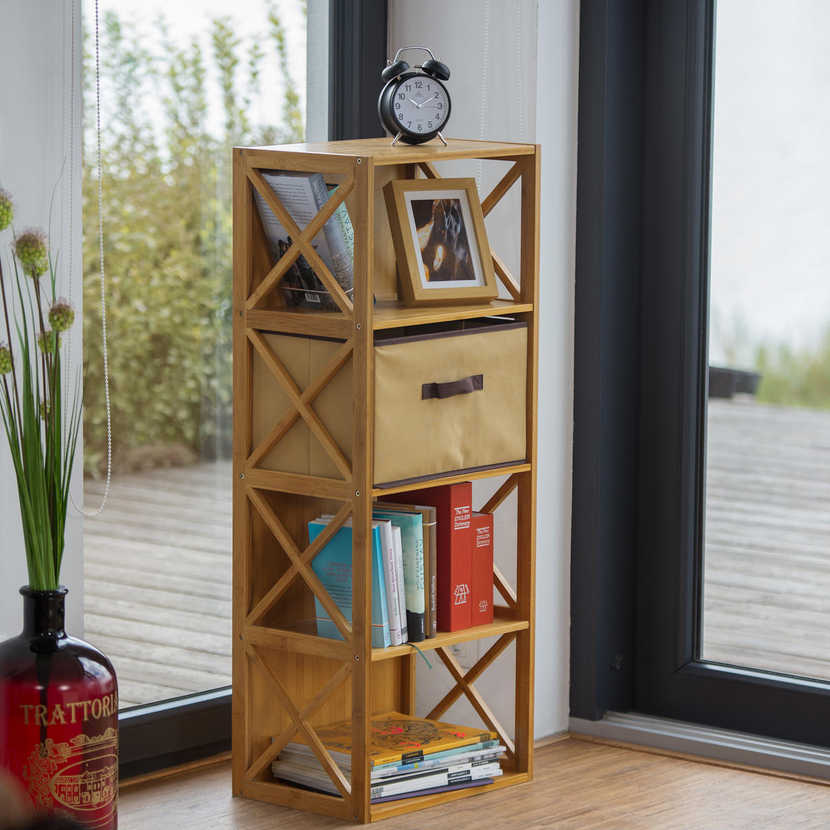 BAMBUSOVÝ policový koš - světle hnědá, dřevo/textil (42/80/29cm) - Relaxdays