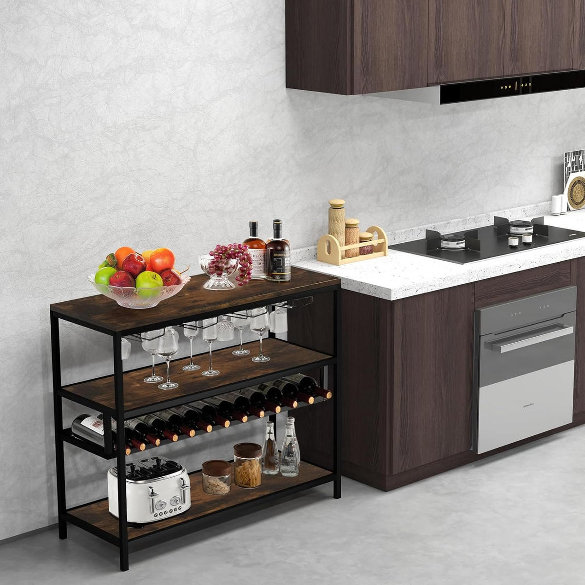 FLASCHENREGAL mit 4 Reihen Glashalter Vintage Eiche Dekor - Alteiche, Holz (102/87/40cm) - COSTWAY
